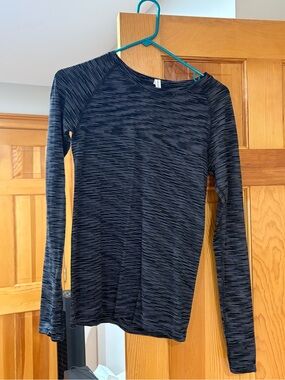 Athleta Navy and White Micro-Stripe Long Sleeve Crew